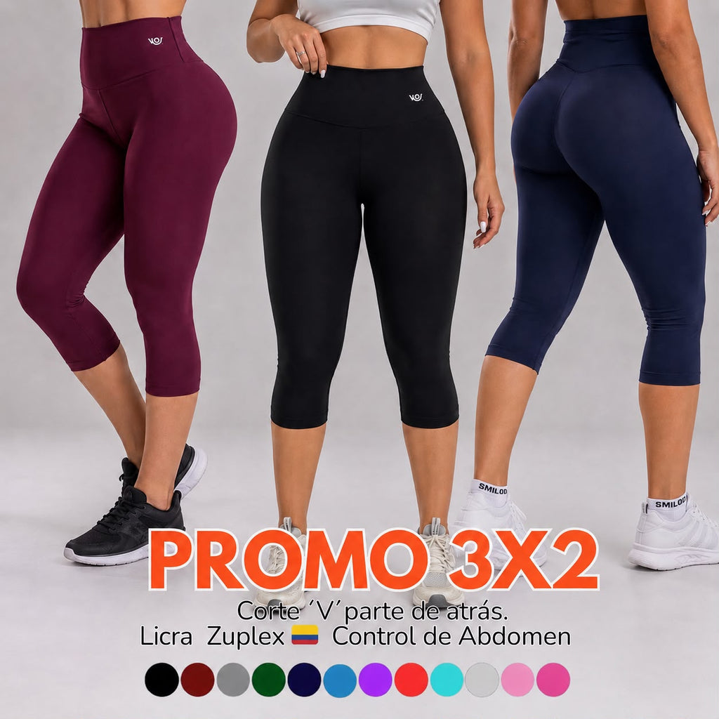 Promoción 3x2 de licras tres cuartos en varios colores